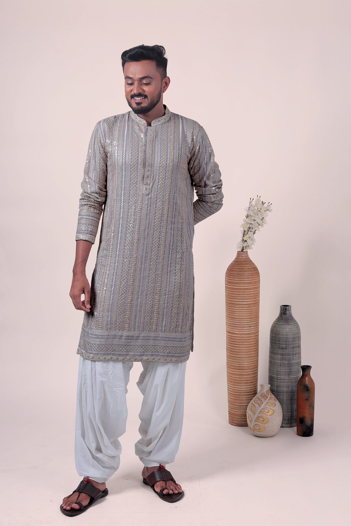 Gray Zari Embroidered Rayon Kurta