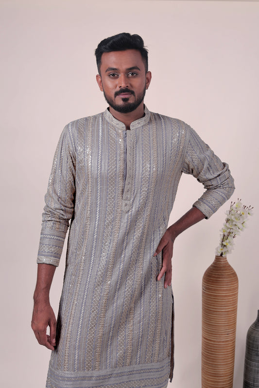 Gray Zari Embroidered Rayon Kurta
