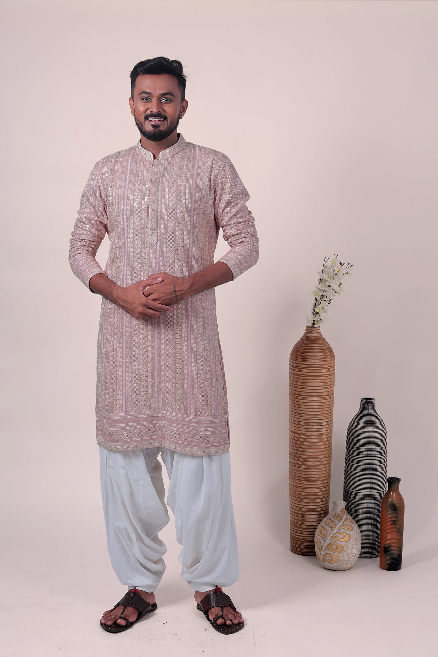 Peach Zari Embroidered Rayon Kurta