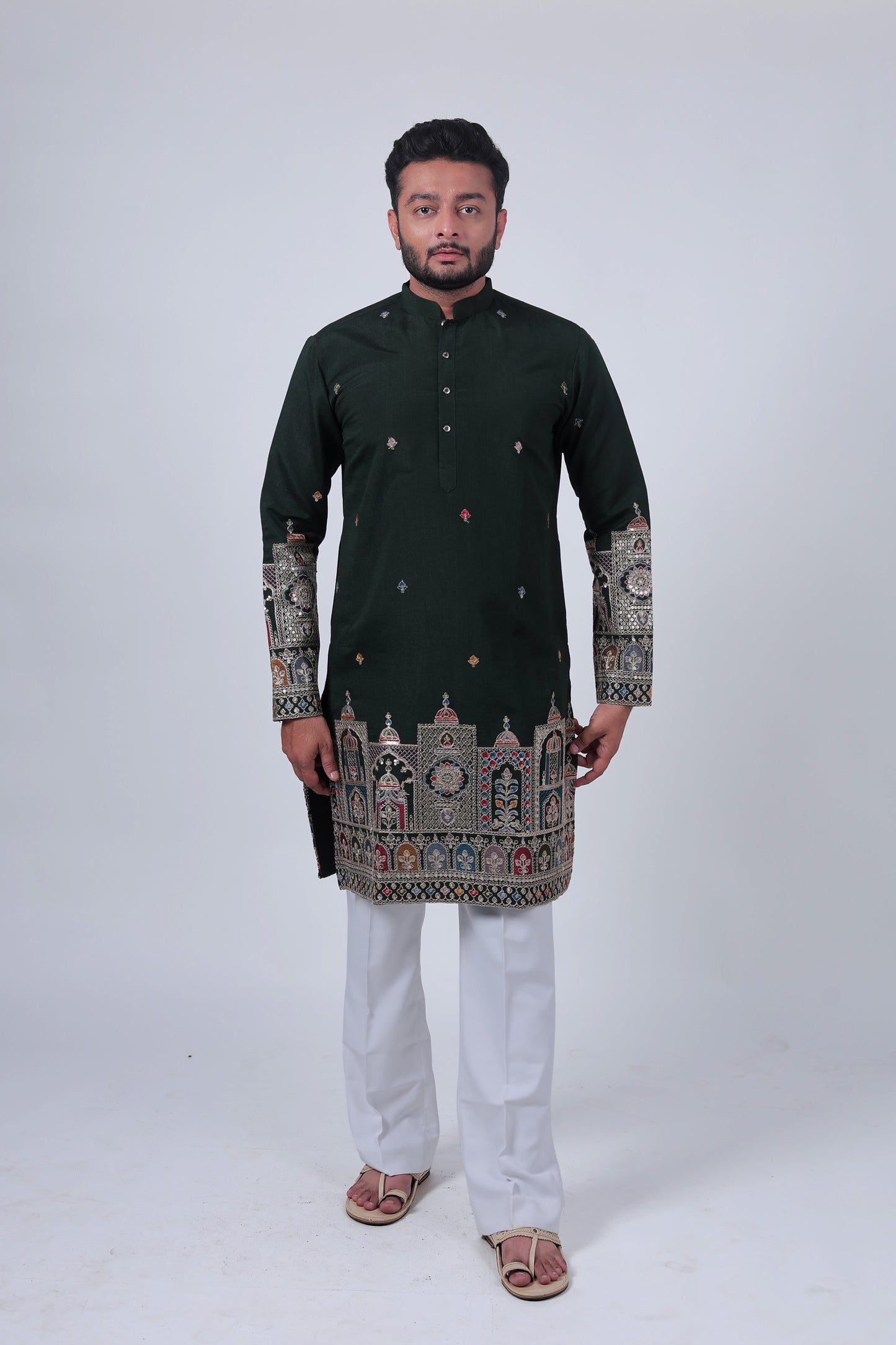 Green Mirror & Zari Embroidered Kurta