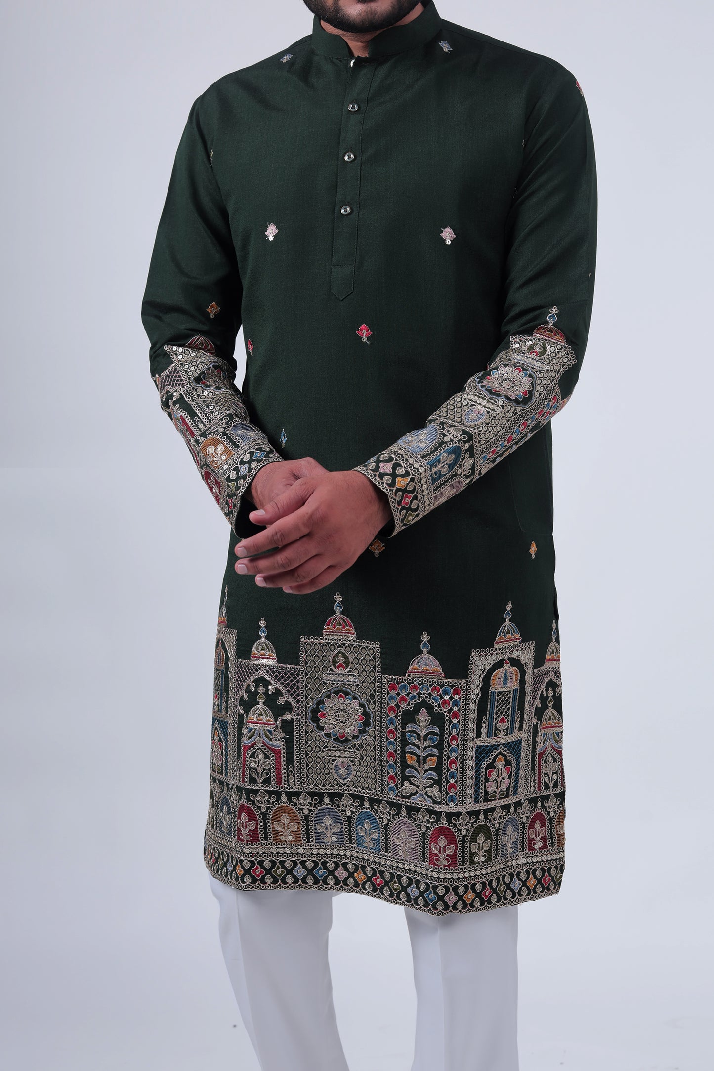 Green Mirror & Zari Embroidered Kurta