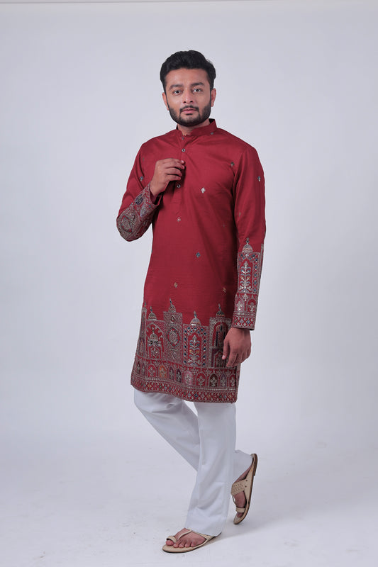 Red Mirror & Zari Embroidered Kurta