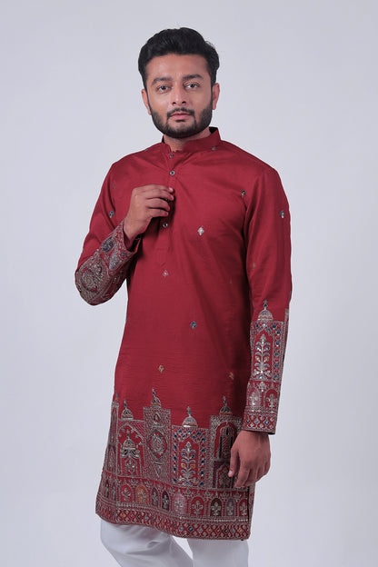 Red Mirror & Zari Embroidered Kurta