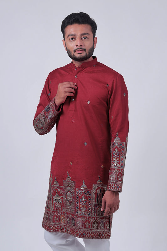 Red Mirror & Zari Embroidered Kurta