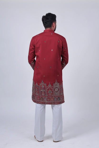 Red Mirror & Zari Embroidered Kurta