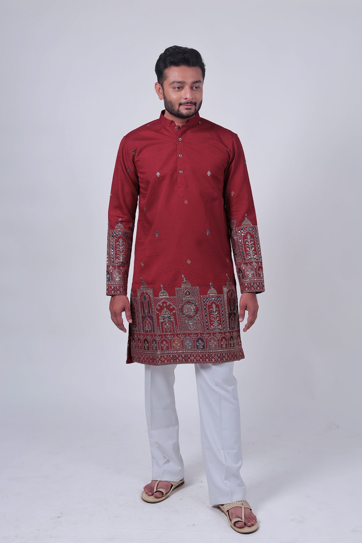 Red Mirror & Zari Embroidered Kurta