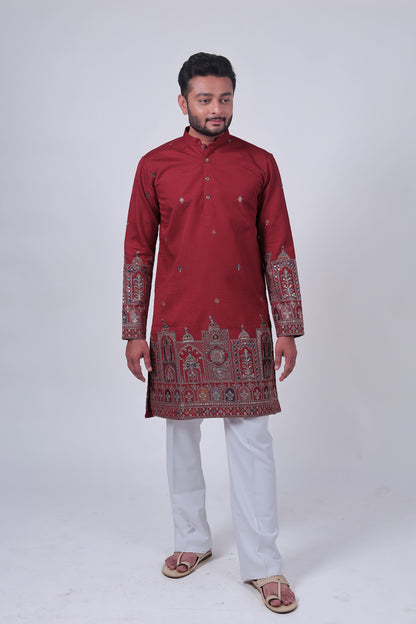 Red Mirror & Zari Embroidered Kurta