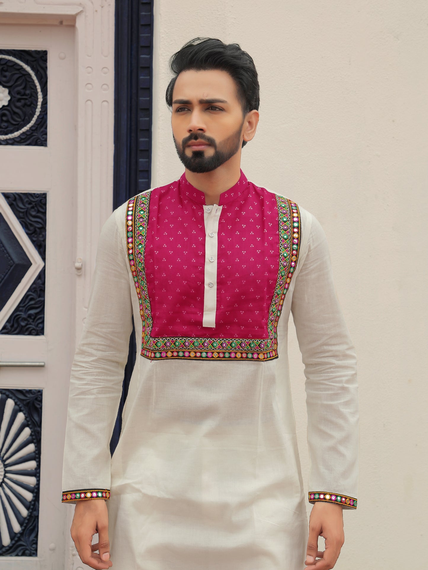 White Kurta with Magenta Embroidered Yoke