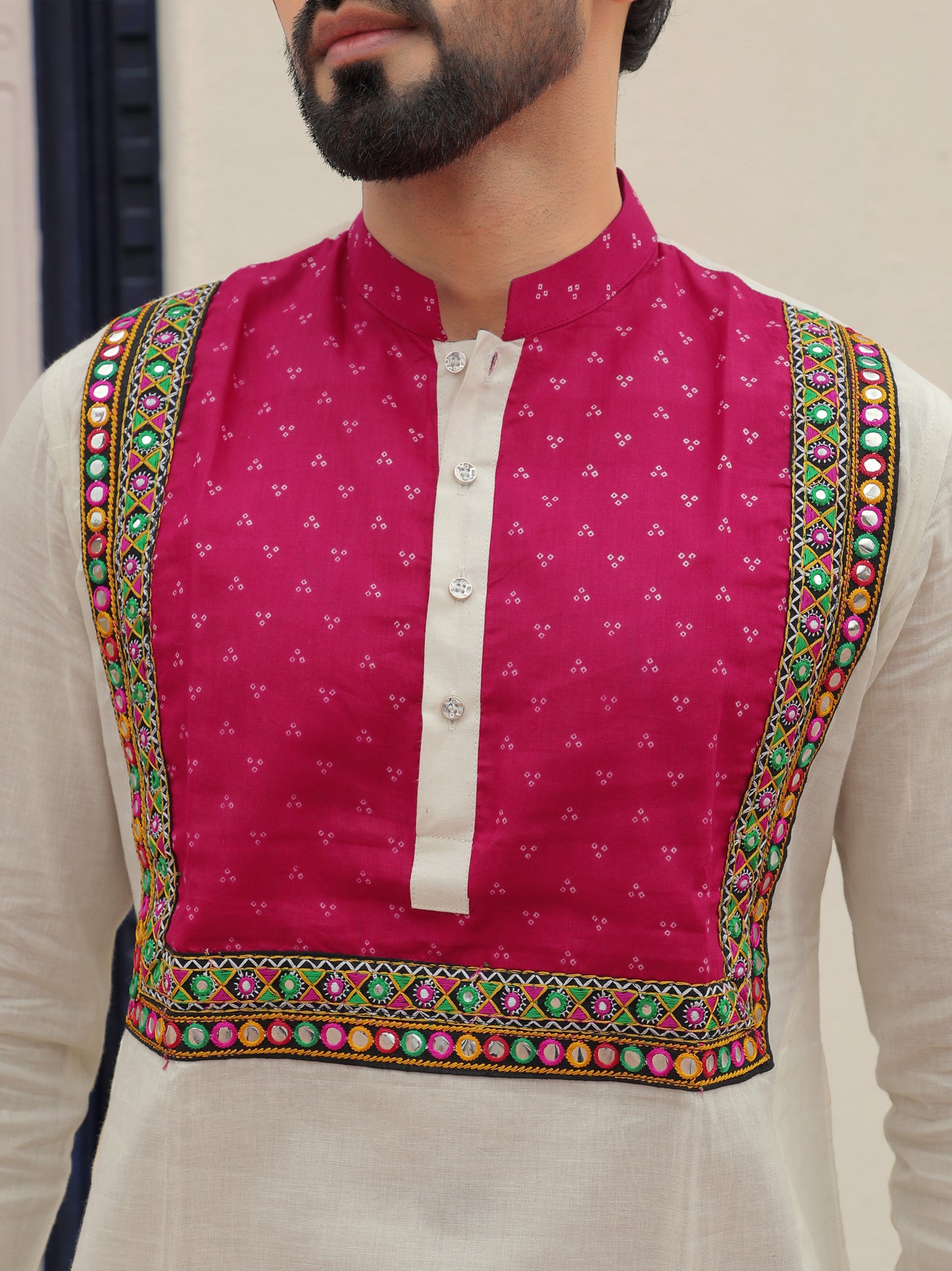 White Kurta with Magenta Embroidered Yoke