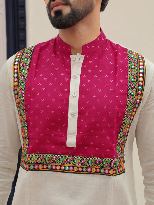 White Kurta with Magenta Embroidered Yoke