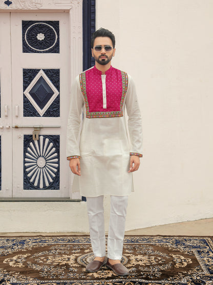 White Kurta with Magenta Embroidered Yoke