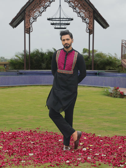 Black Kurta with Magenta Embroidered Yoke