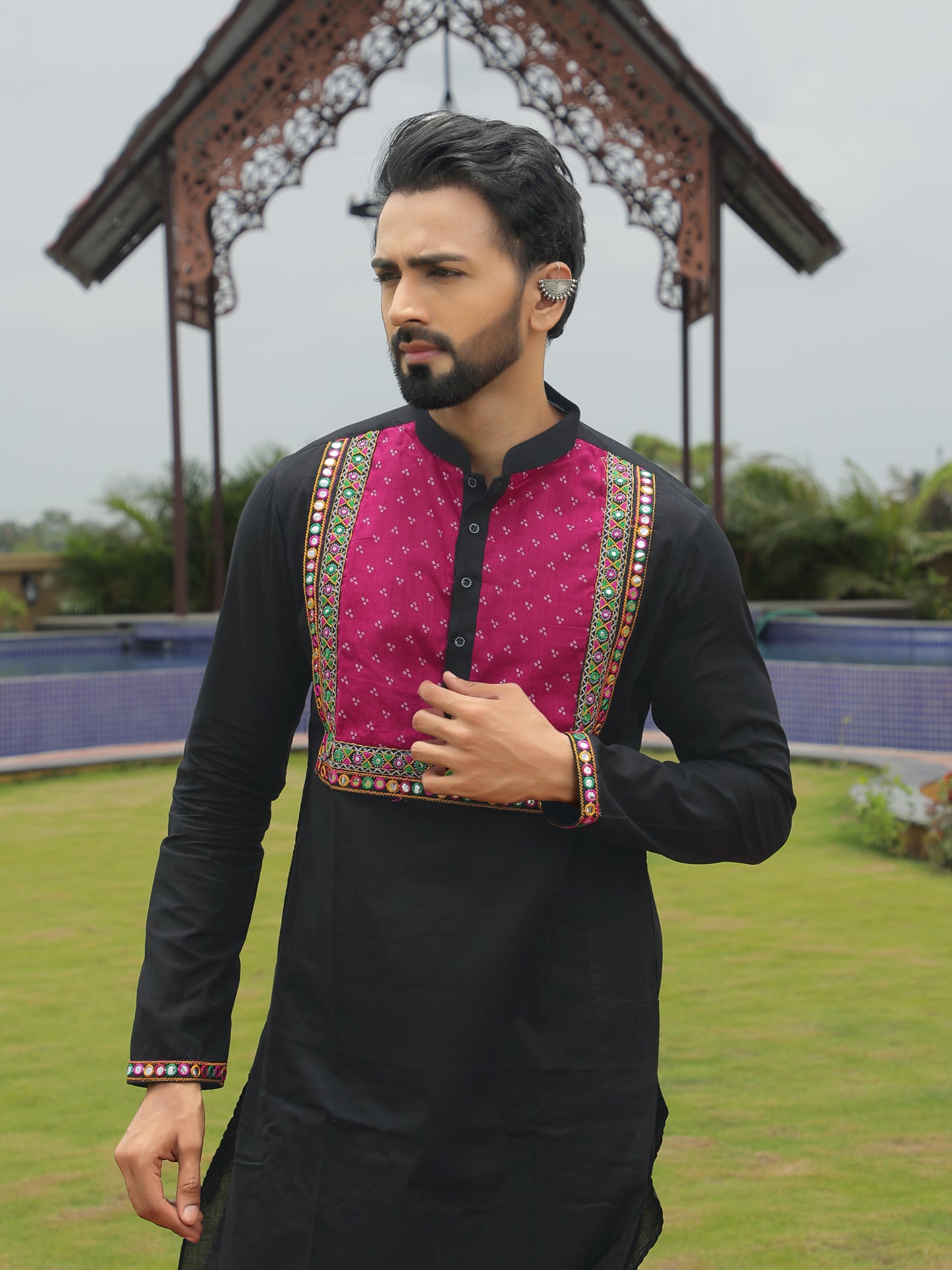Black Kurta with Magenta Embroidered Yoke