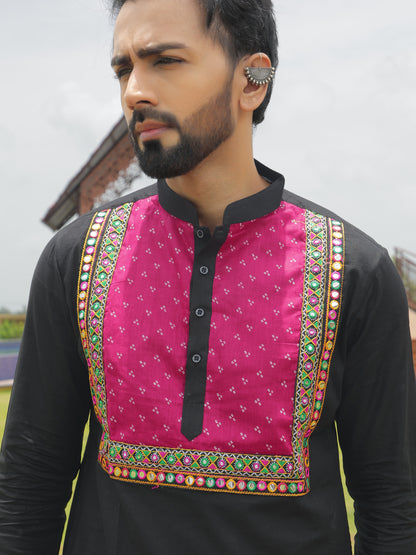 Black Kurta with Magenta Embroidered Yoke