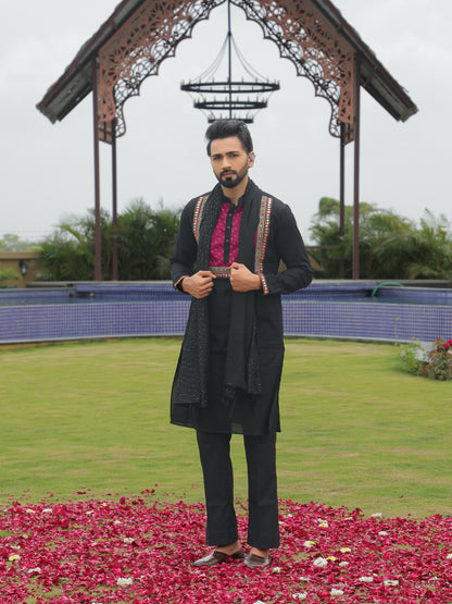 Black Kurta with Magenta Embroidered Yoke