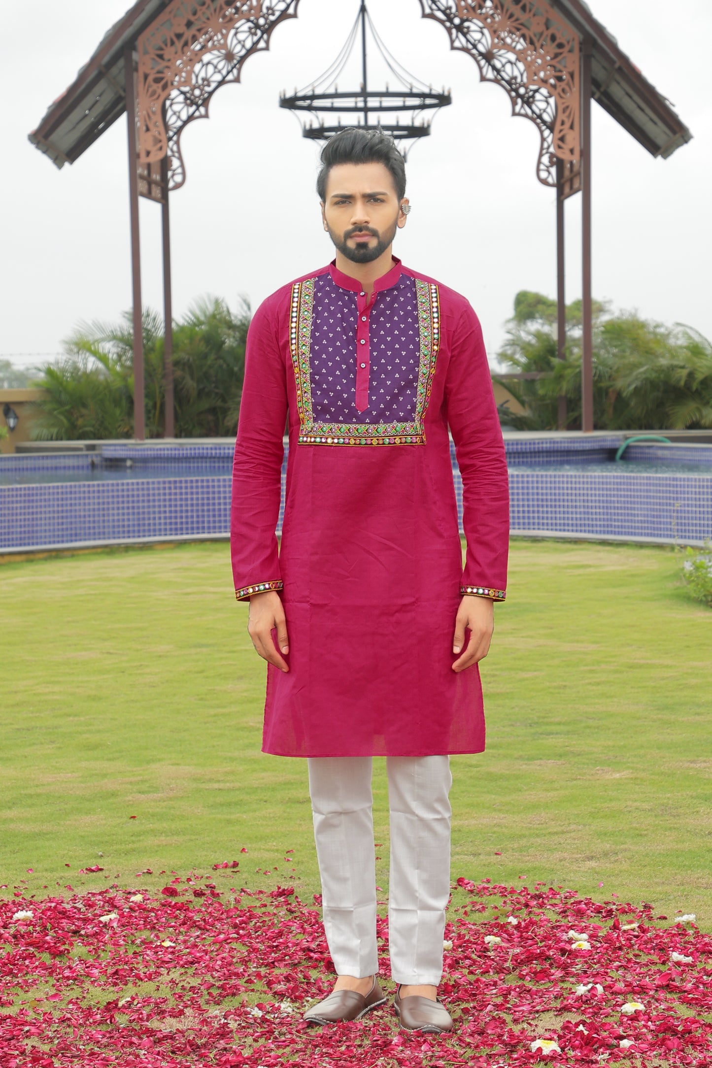 Pink Kurta with Magenta Embroidered Yoke