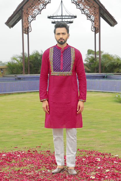 Pink Kurta with Magenta Embroidered Yoke
