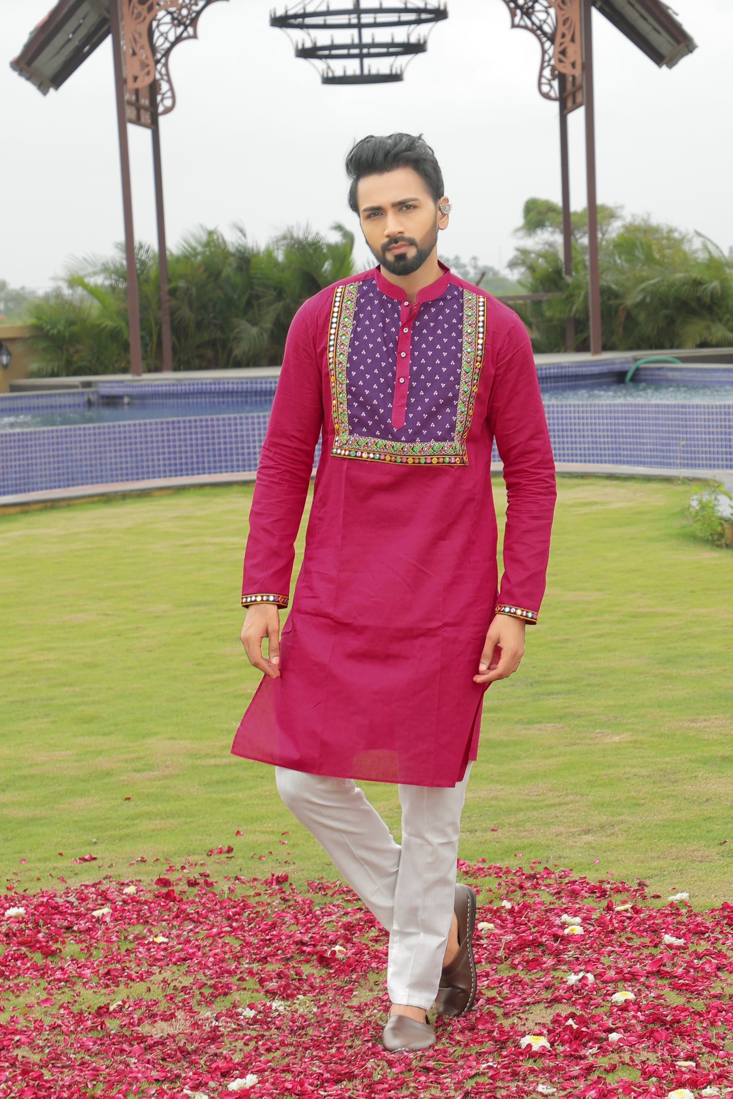Pink Kurta with Magenta Embroidered Yoke
