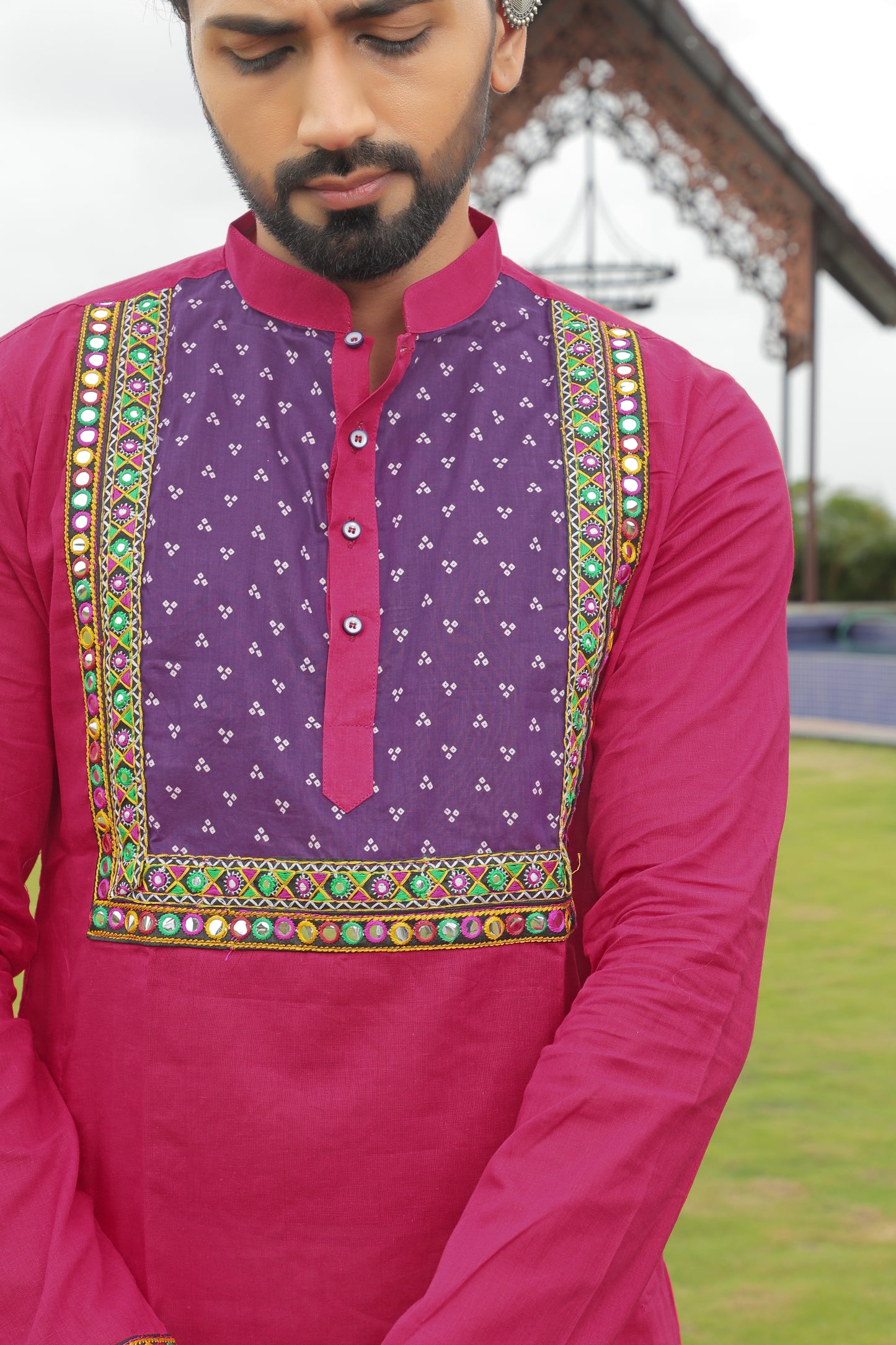 Pink Kurta with Magenta Embroidered Yoke