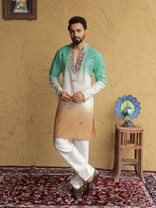Green Ombre Embroidered Kurta with Sequin Detailing