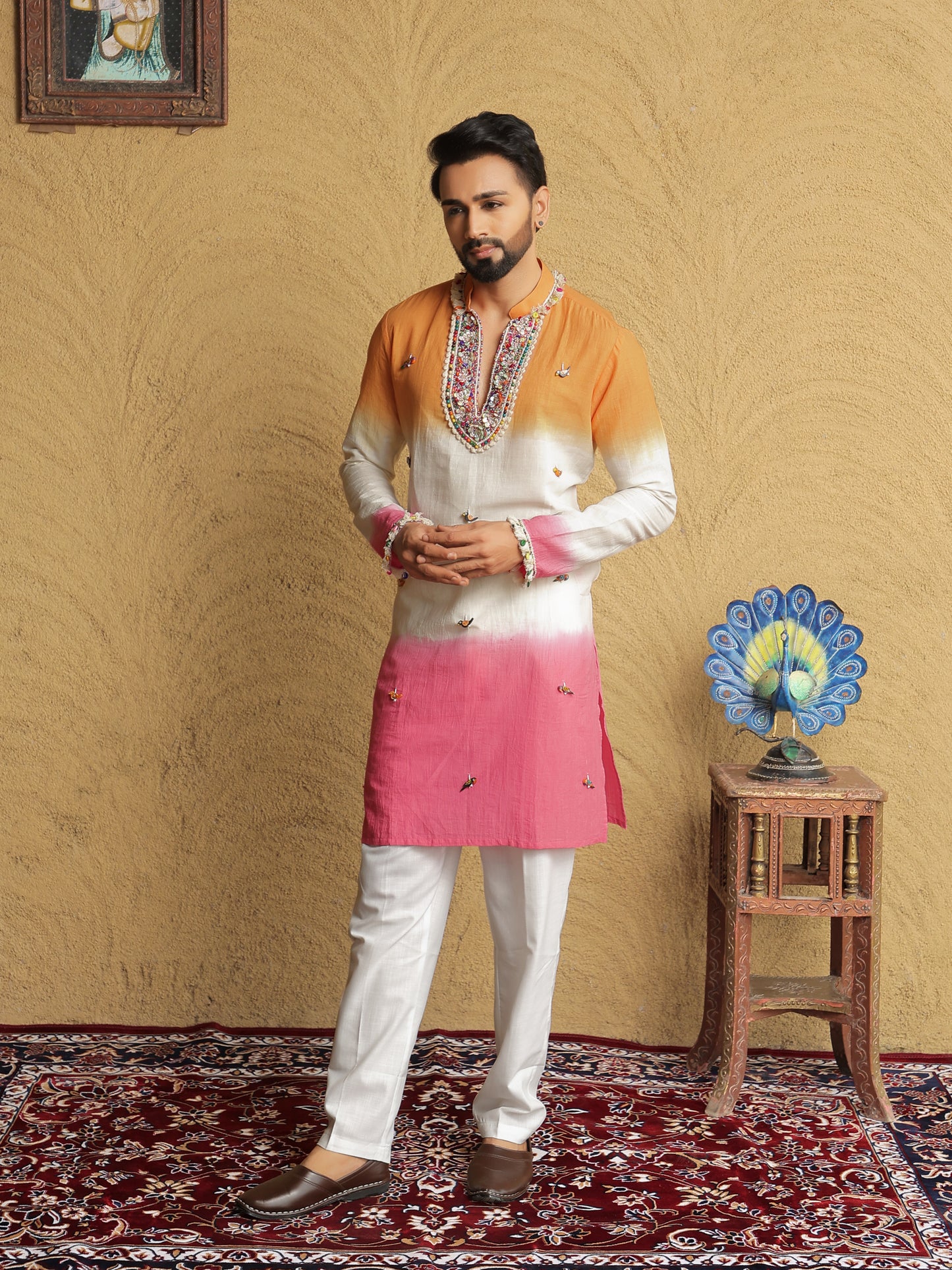 Orange Ombre Embroidered Kurta with Sequin Detailing