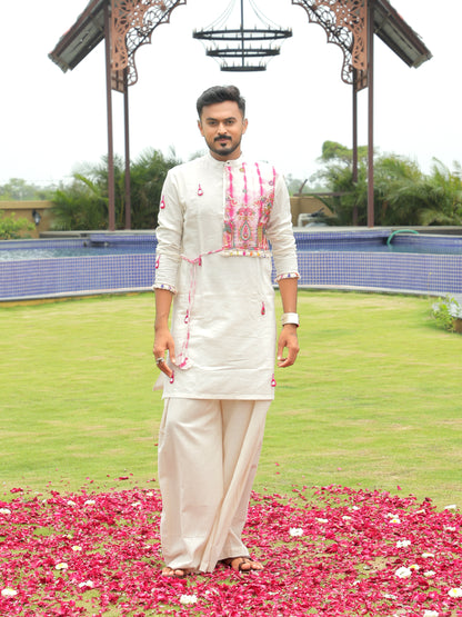 White Bandhani-Inspired Kurta with Embroidered Panel