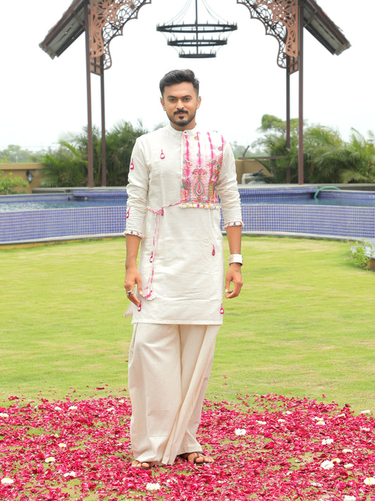 White Bandhani-Inspired Kurta with Embroidered Panel