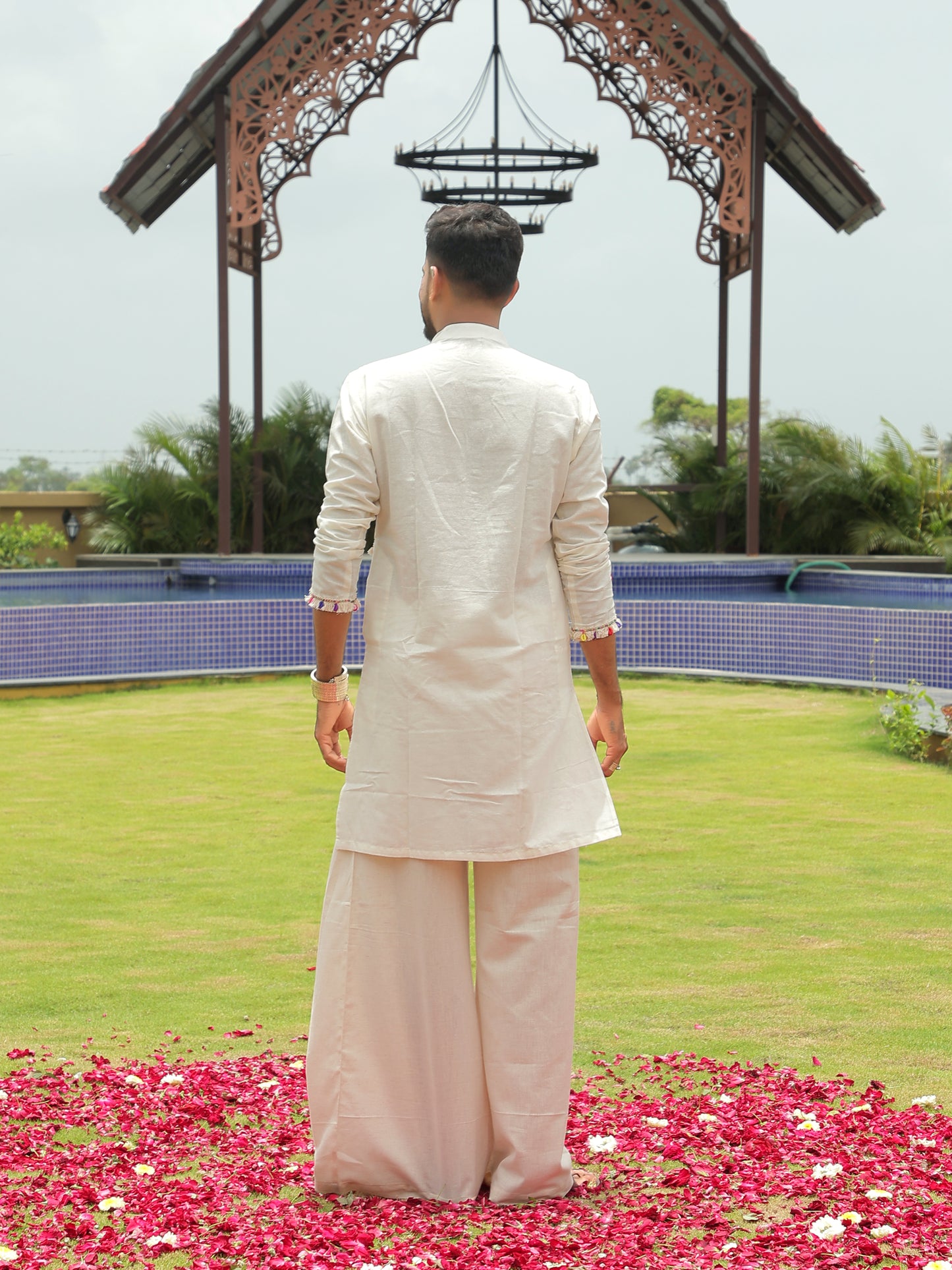 White Bandhani-Inspired Kurta with Embroidered Panel