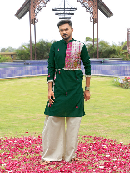 Green Bandhani-Inspired Kurta with Embroidered Panel