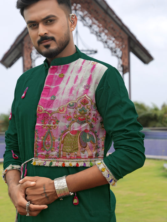 Green Bandhani-Inspired Kurta with Embroidered Panel