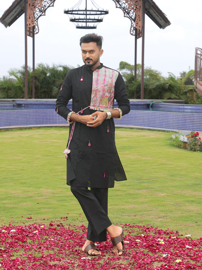 Black Bandhani-Inspired Kurta with Embroidered Panel