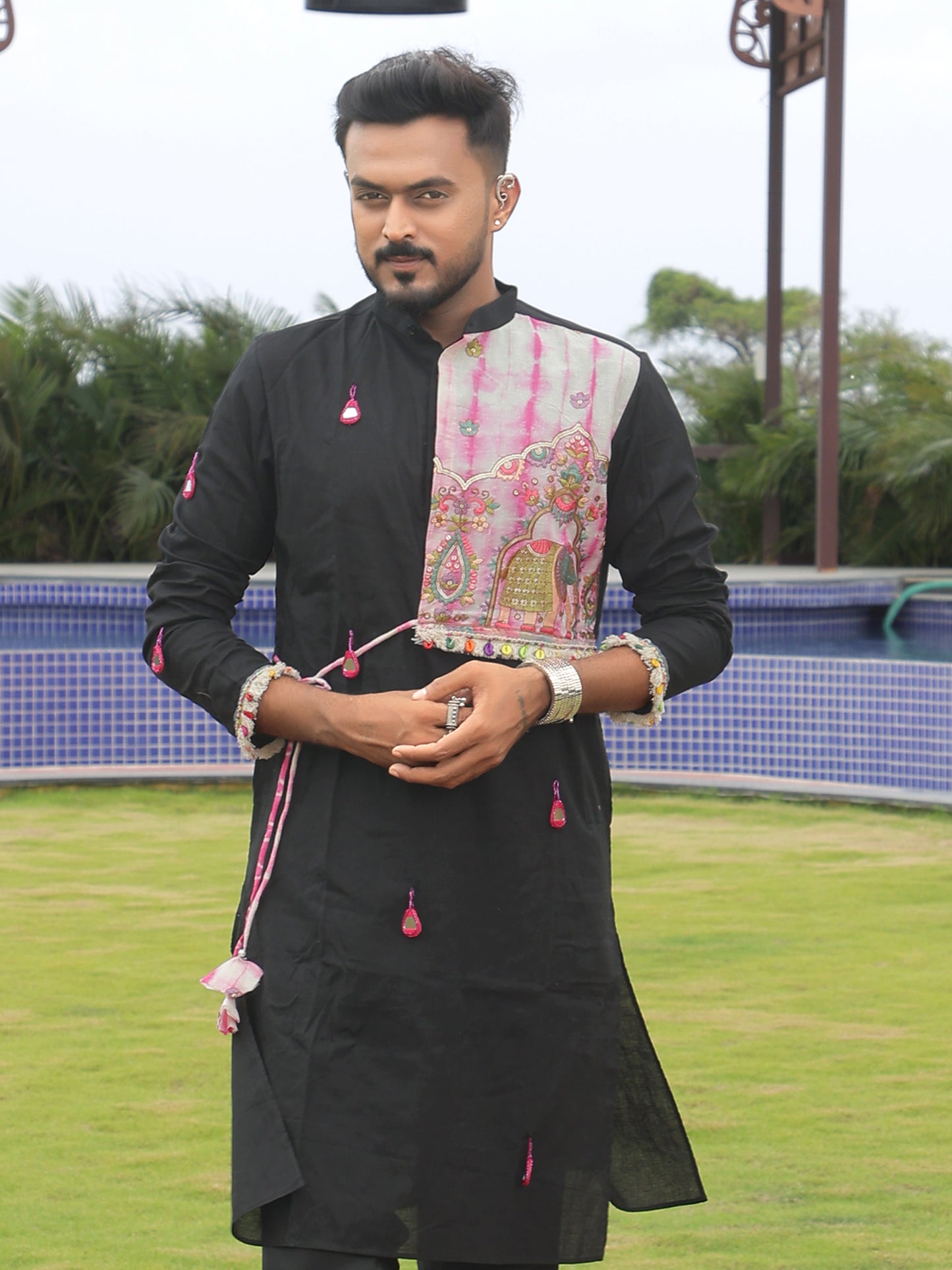 Black Bandhani-Inspired Kurta with Embroidered Panel
