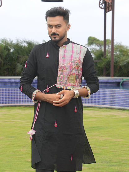 Black Bandhani-Inspired Kurta with Embroidered Panel