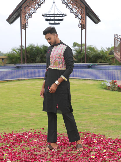 Black Bandhani-Inspired Kurta with Embroidered Panel