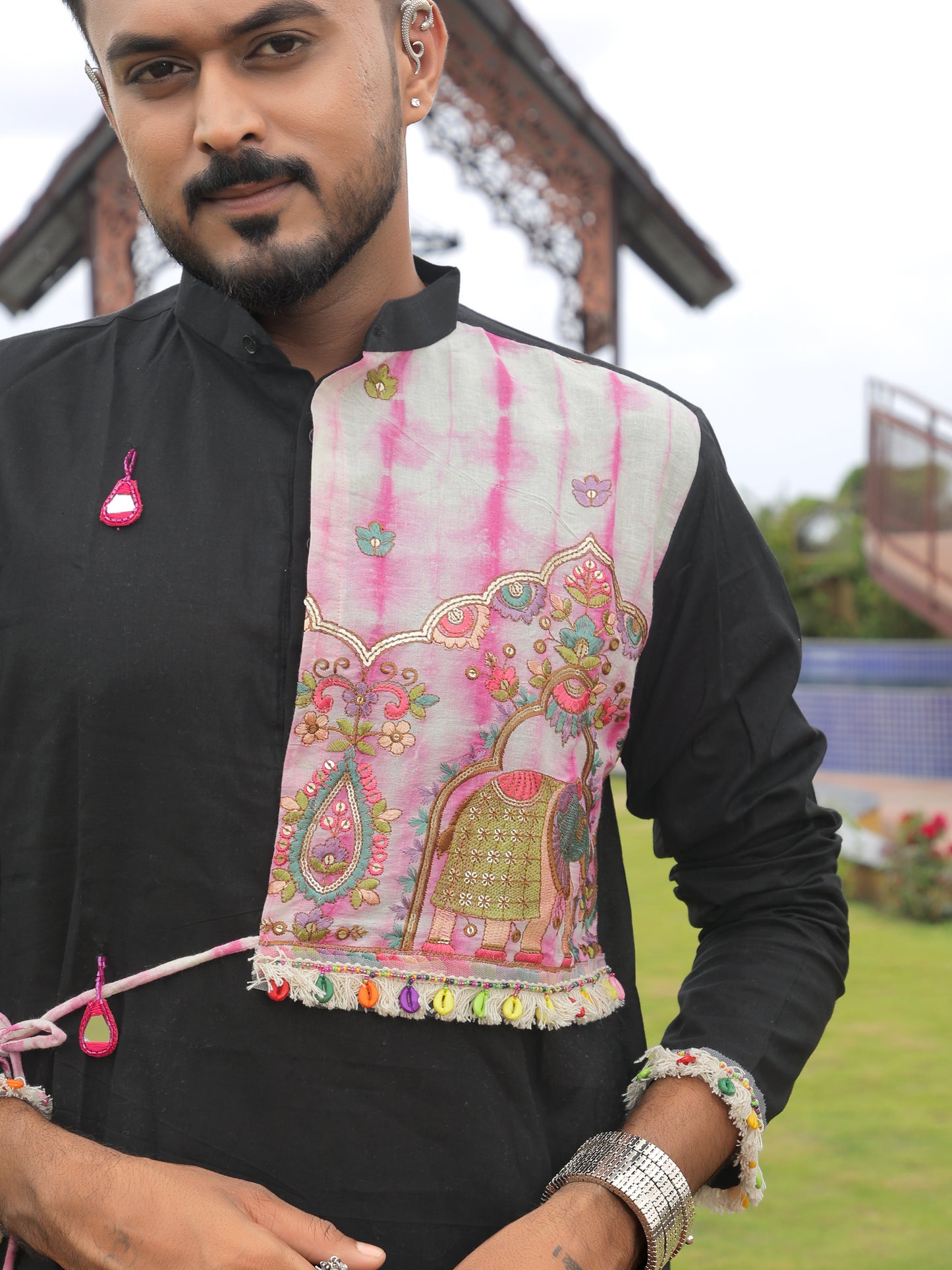 Black Bandhani-Inspired Kurta with Embroidered Panel