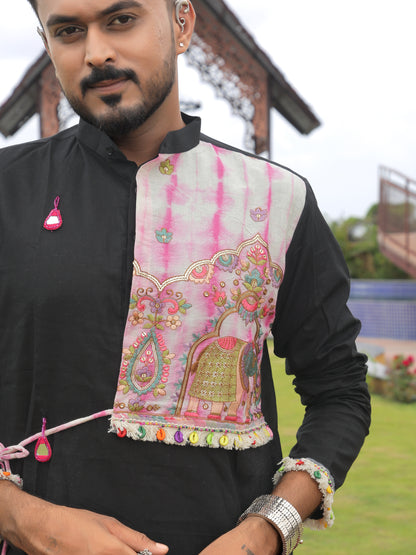 Black Bandhani-Inspired Kurta with Embroidered Panel
