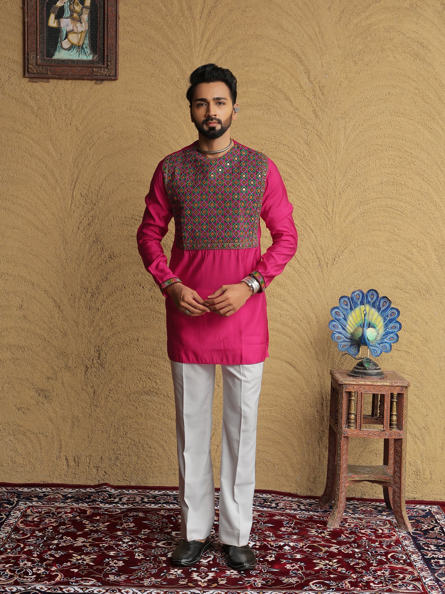 Pink Embroidered Geometric Motif Kurta