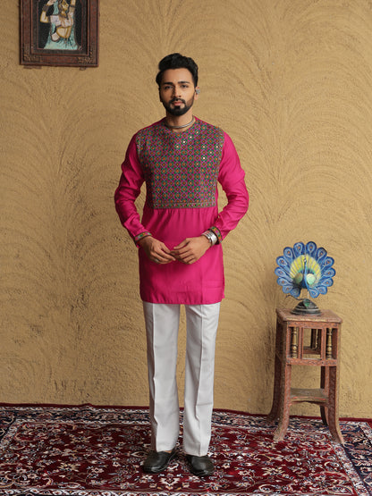 Pink Embroidered Geometric Motif Kurta
