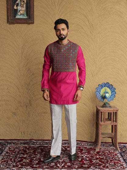 Pink Embroidered Geometric Motif Kurta