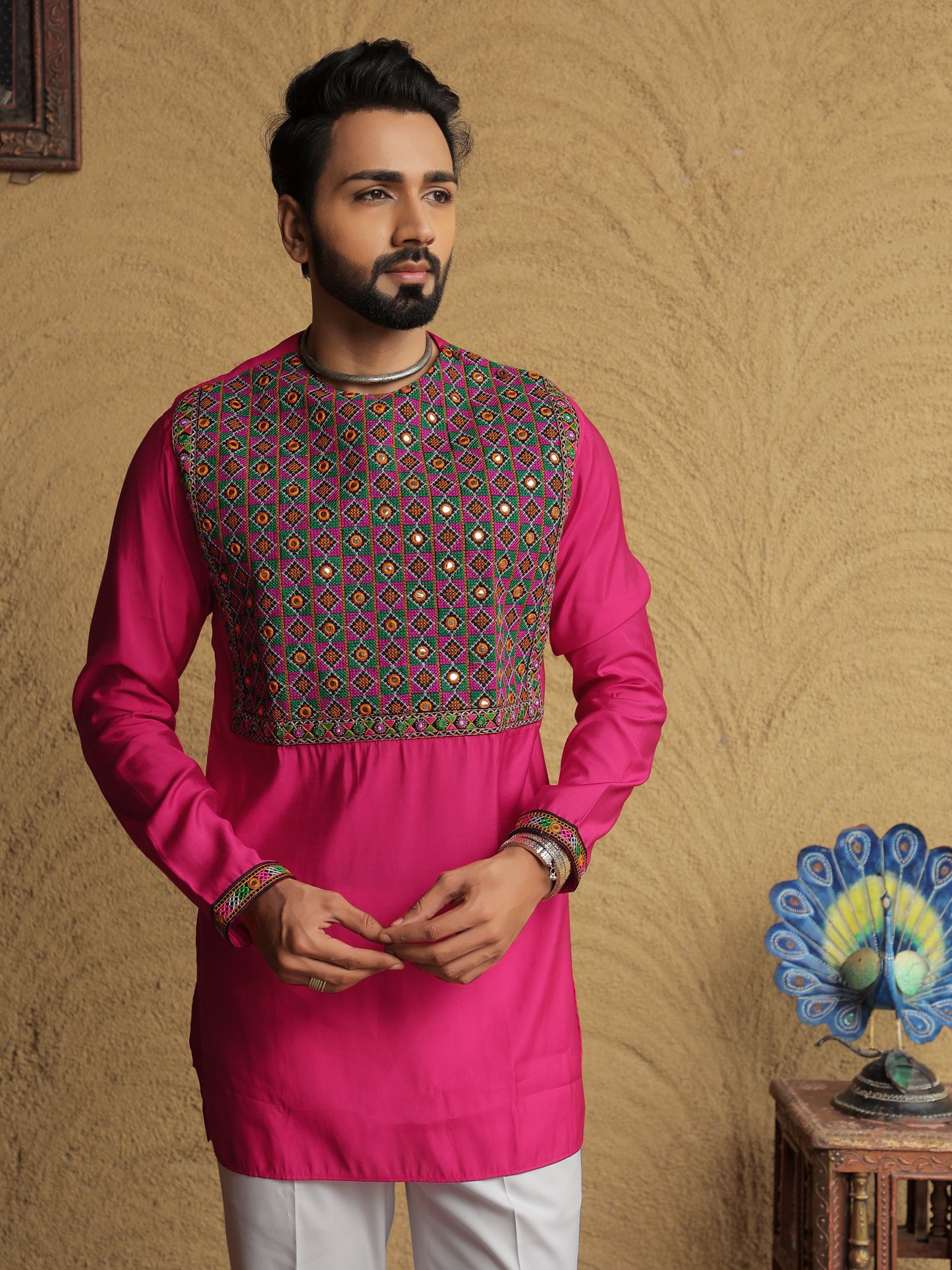 Pink Embroidered Geometric Motif Kurta
