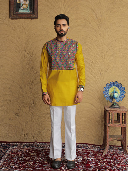 Yellow Embroidered Geometric Motif Kurta