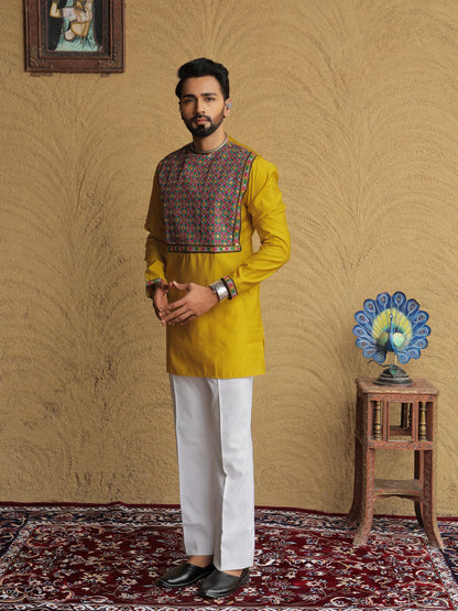 Yellow Embroidered Geometric Motif Kurta