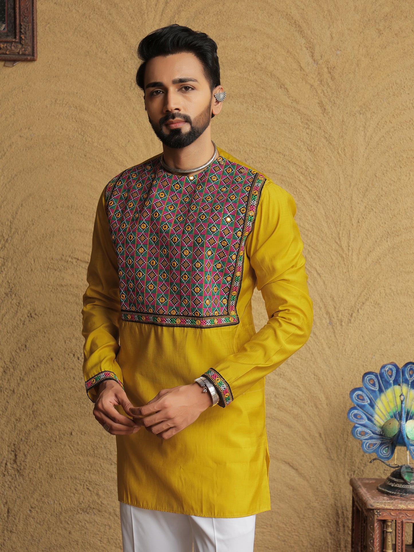 Yellow Embroidered Geometric Motif Kurta