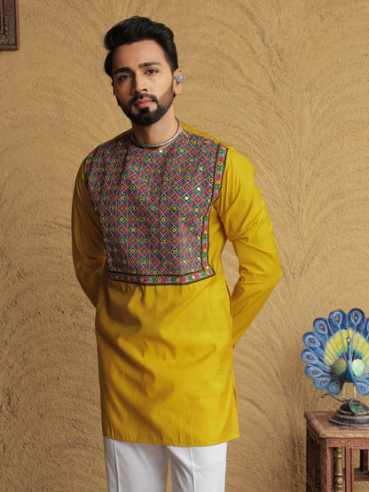 Yellow Embroidered Geometric Motif Kurta