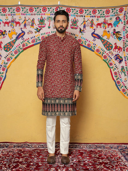 Maroon Block Printed Kurta with Contrasting Border