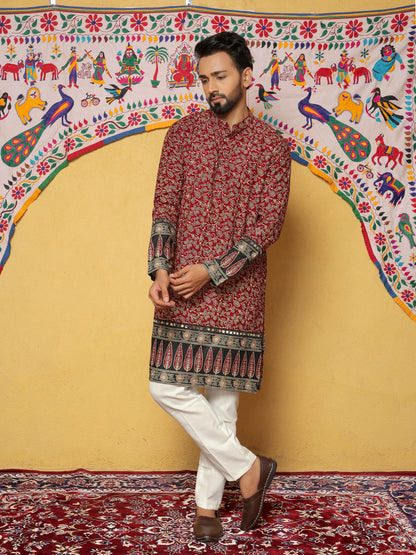 Maroon Block Printed Kurta with Contrasting Border