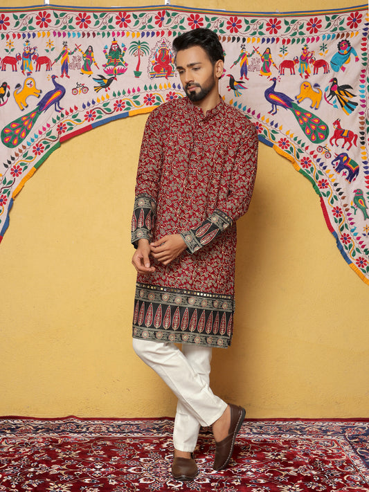 Maroon Block Printed Kurta with Contrasting Border