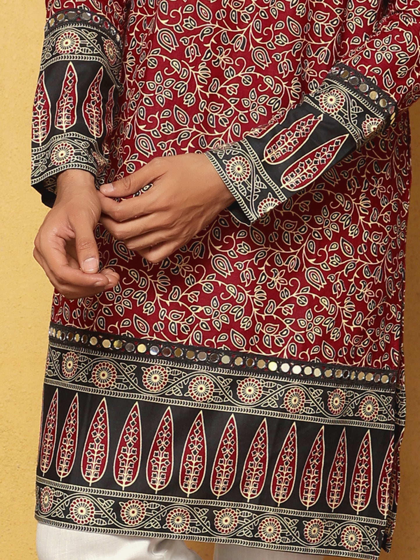 Maroon Block Printed Kurta with Contrasting Border