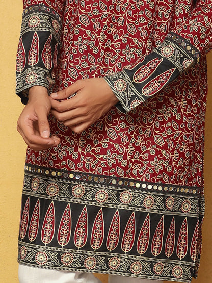 Maroon Block Printed Kurta with Contrasting Border
