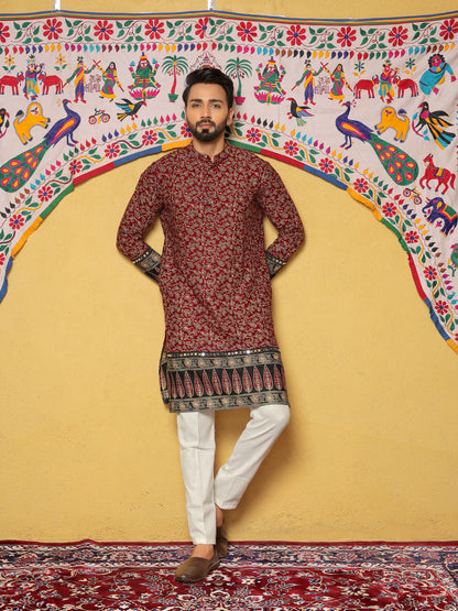 Maroon Block Printed Kurta with Contrasting Border